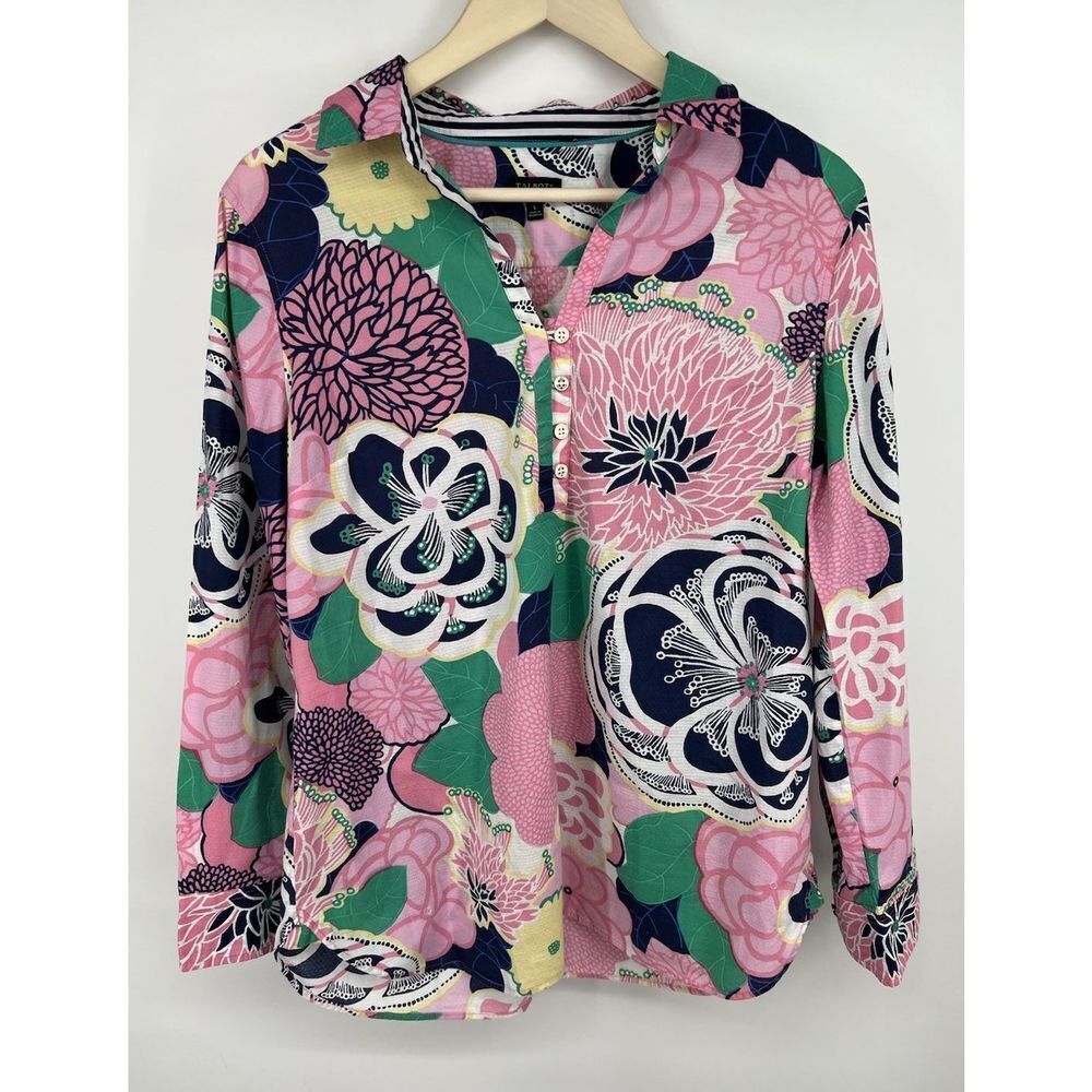 Talbots Blouse Size Large Pink Blue Tropical Floral Popover Collared Resort
